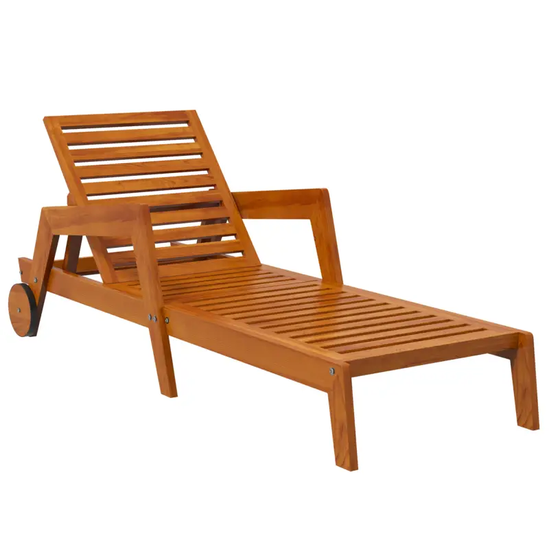 Plată sigură Outsunny Șezlong din lemn cu lamele cu spătar reglabil în 3 poziții cotiere 2 roți 66 x 190 x 73,5 cm