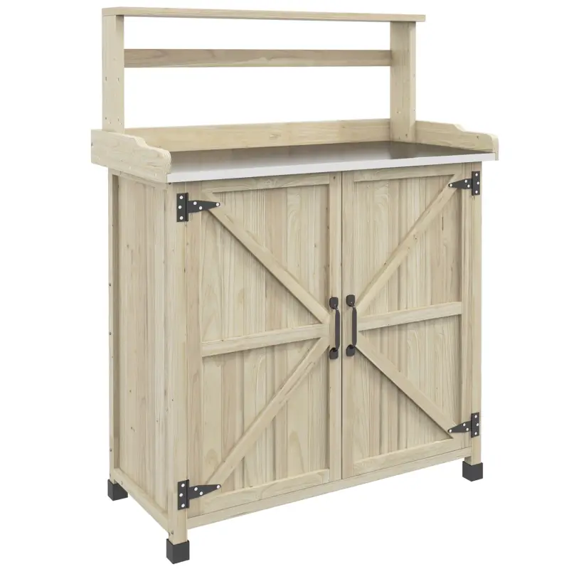 Preț redus Outsunny Masă de transplant masă de grădinărit dulap și rafturi și blat tălpi antiderapante 90,5x41x124,5cm lemn natural