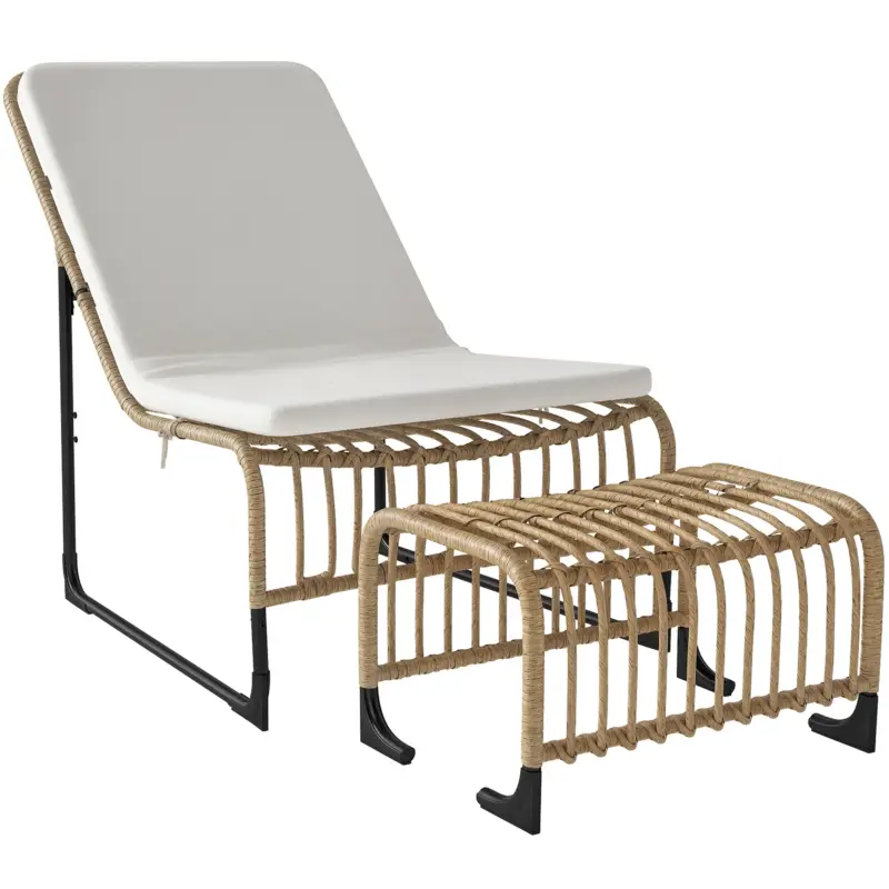 Ofertă Outsunny Fotoliu relaxare ratan cu taburet, UV rezistent, perne, fotoliu de grădină, 65x93x80 cm, lemn natural