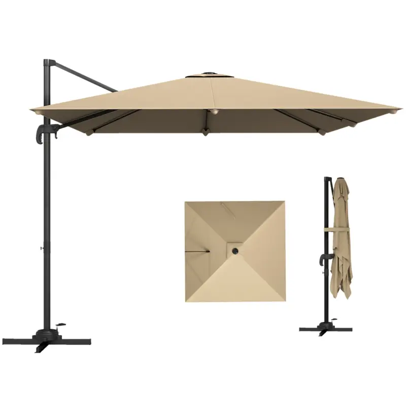 Reduceri Outsunny Umbrelă cu stâlp lateral pătrată 3 x 3 m, umbrelă de grădină pentru exterior, rotire 360°, înclinabilă 5 poziții, bază în cruce, kaki