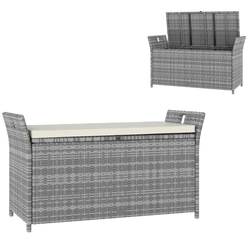 Plată sigură Outsunny Bancă cutie de depozitare exterioară din rășină țesută 250L cu pernă detașabilă, pentru grădină, balcon, crem