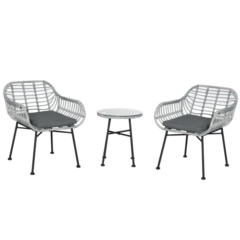 Outsunny Set Mobilier de Gradina din Ratan PE de 3 Piese, Salon in Aer Liber cu 2 Scaune si Masa cu Blat de Sticla pentru Terasa si Bistrò, Gri Cumpărături sigure