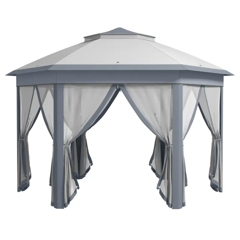 Retur gratuit Outsunny Pavilion pliabil 4 x 4m, design hexagonal, perdele din plasă, rezistent la apă, acoperiș ventilat, Gri+Alb