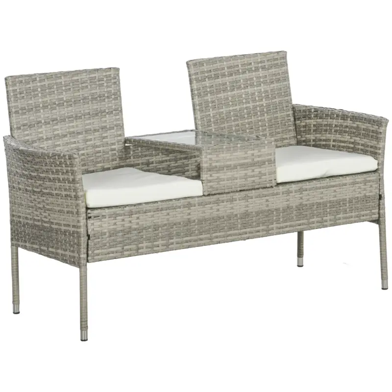 Outsunny Bancă de grădină din rășină împletită 2 locuri cu masă și perne - 135 x 64 x 81 cm - pentru balcon și terasă negru Plată securizată