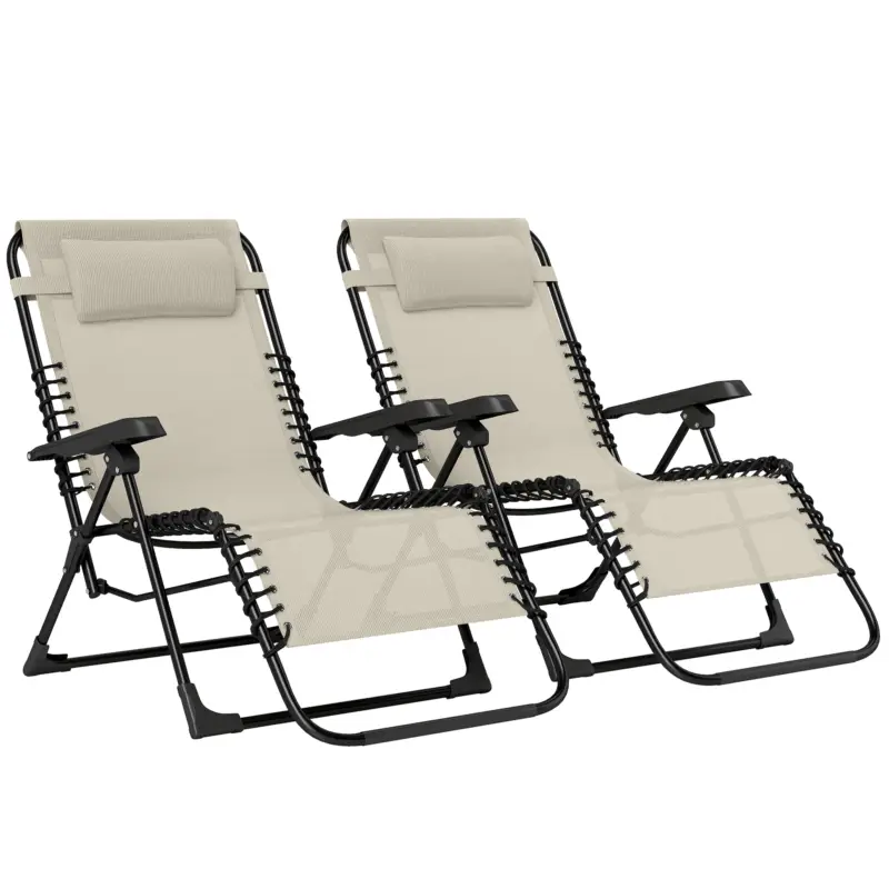 Ieftin Outsunny Set de 2 șezlonguri, șezlong pliant reglabil cu tetieră din textilenă, 90 x 65 x 112 cm, bej