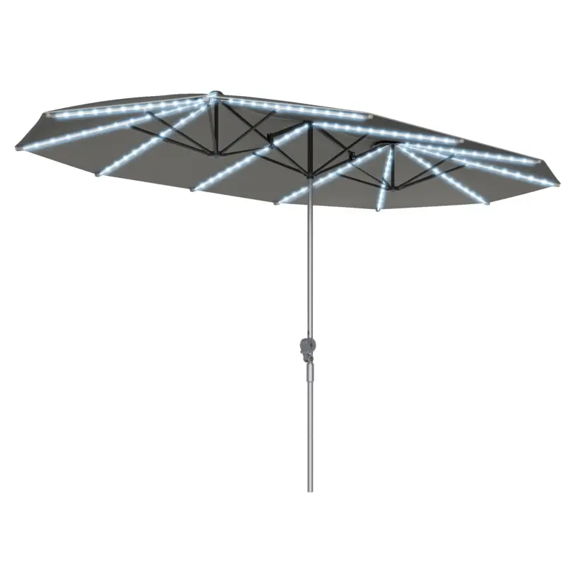Popular Outsunny Umbrelă dublă cu lumină solară, Aluminiu, Poliester, Protecție UPF50+, rezistent la UV, Umbrelă pentru terasă, Gri închis