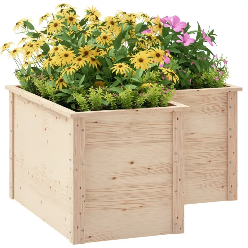 Outsunny Jardinière în formă de L, pat de grădină ridicat, ghiveci de flori cu fund deschis, din lemn 120 x 120 x 62 cm, lemn natural Livrare expres