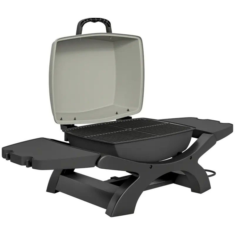 Ofertă de sezon Outsunny barbecue electric 2300W, portabil de masă cu rafturi laterale, culoare negru.