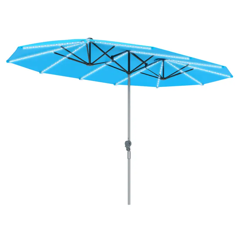 Outsunny Umbrelă dublă cu lumini solare, aluminiu, poliester, protecție UPF50+, rezistentă la UV, umbrelă pentru terasă, Albastru Doar azi