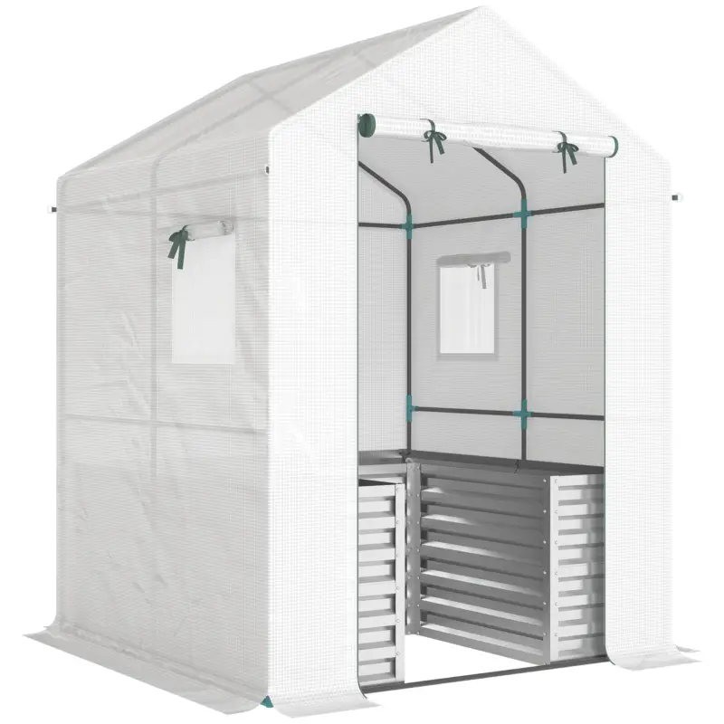 Outsunny Seră pentru roșii seră din folie cu jardinieră înaltă ușă rulantă fereastră acoperiș înclinat 141 x 141 x 190 cm Alb Disponibil imediat