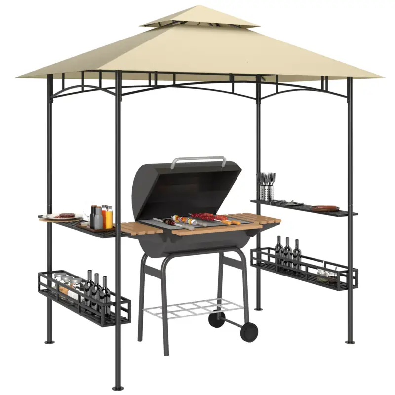 Outsunny Cort de Grătar, Cort de BBQ, Foisor de Grădină cu 2 Rafturi, Coșuri de Depozitare, Carlige, pentru Terasă, Bej Lichidare de stoc