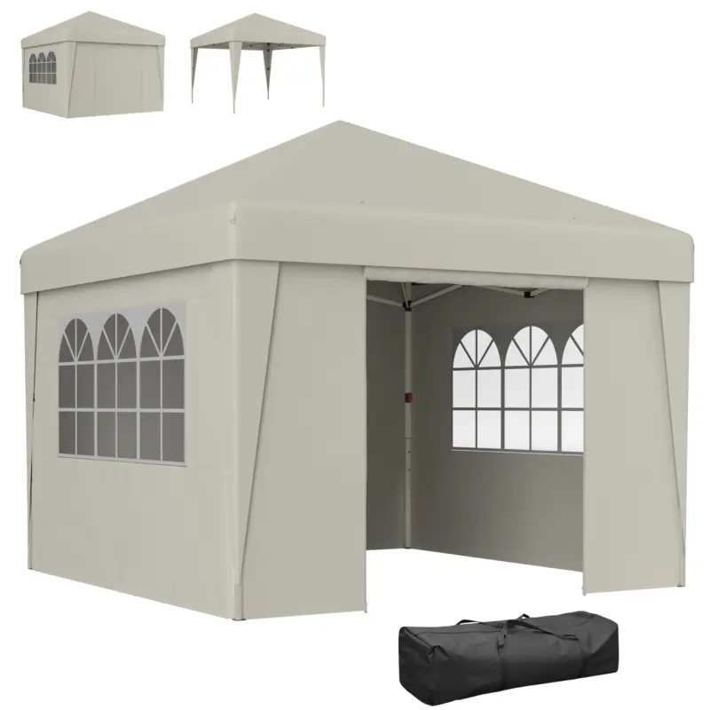 Ultima șansă Outsunny Pavilion de grădină pliabil 3 x 3 x 2,75 m anti-UV 30 + cu ferestre + pereți laterali + geantă de transport crem