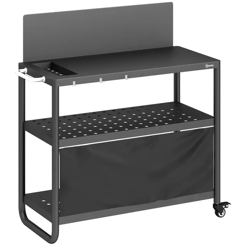 Plată sigură Outsunny Căruț pentru grătar Servantă de grădină mobilă cu paravânt 3 niveluri husă Oxford 100x46x110cm Negru