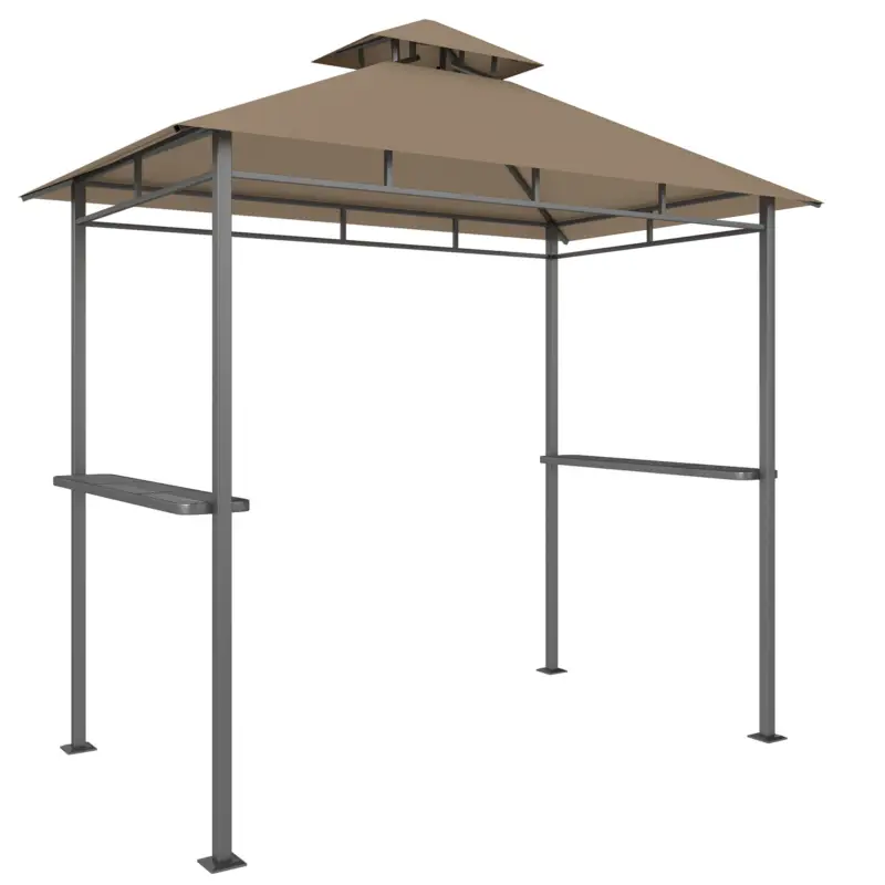 Outsunny Adăpost grătar exterior, cort de grădină 245x146x255cm din metal, acoperiș dublu, 2 rafturi laterale, Maro Mai ieftin