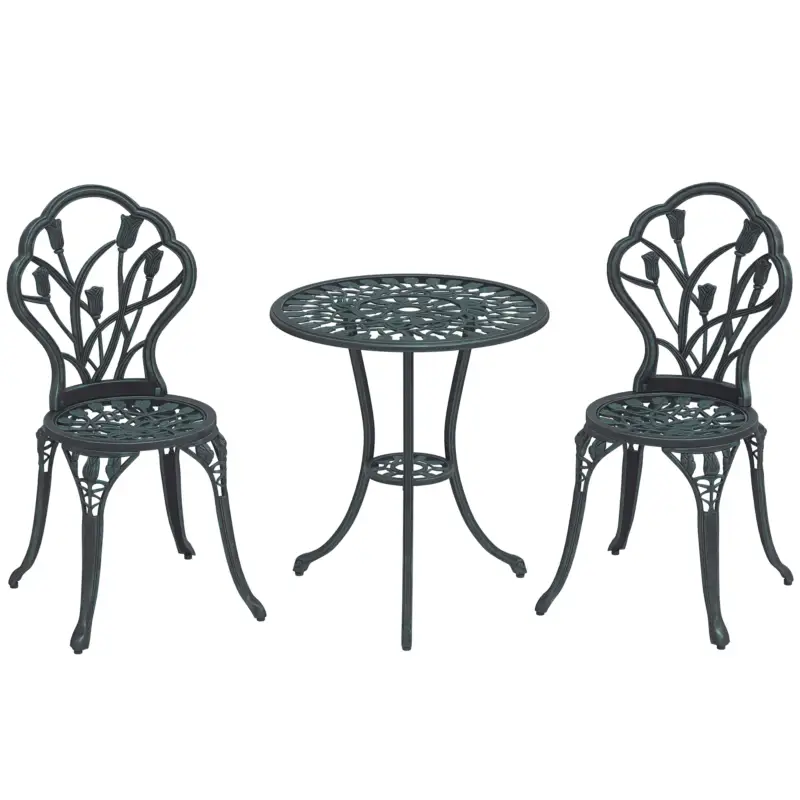 Outsunny Set Mobilier de Grădină 2 Locuri 2 Scaune + Masă Rotundă Fontă de Aluminiu Imitație Fier Forjat Verde Popular