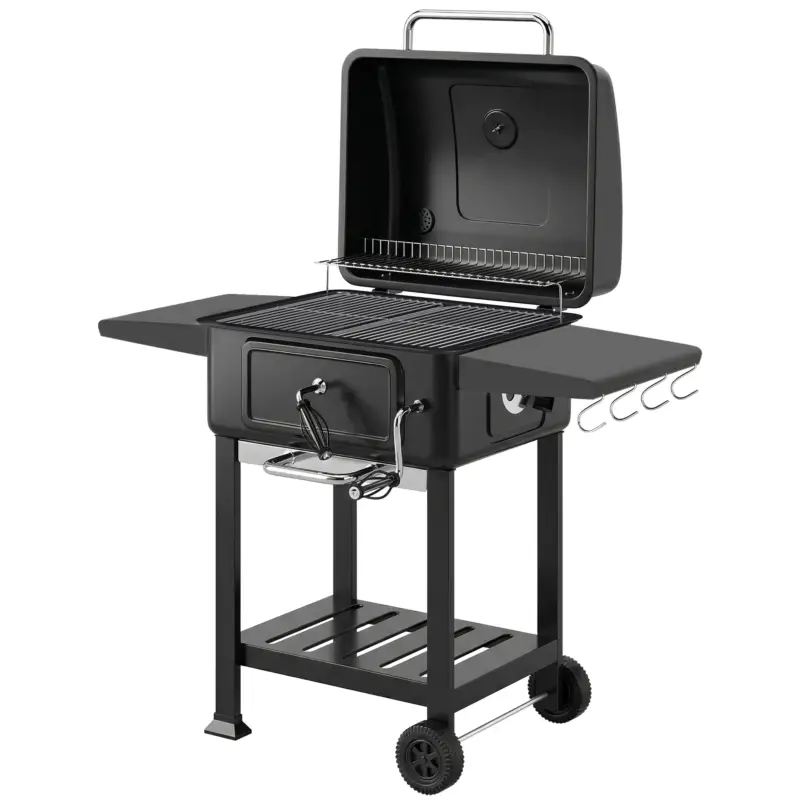 Outsunny Grătar pe Cărbune, Grătar Afumătoare cu Roți pentru Exterior, Negru Chilipir