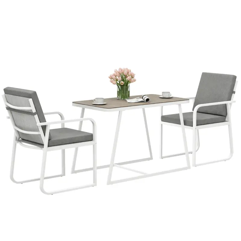 Cumpără acum Outsunny Set de Gradina cu Masa si Scaune cu Perne Detasabile, Blat din Sticla si Cadru din Otel, 108x60x72 cm, Alb