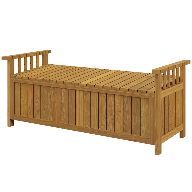 Reducere de preț Outsunny Banca de grădină pentru 2 persoane din lemn, cu depozitare de 186L, banca de exterior cu brațe, 128,5 x 56 x 53,5 cm, maro