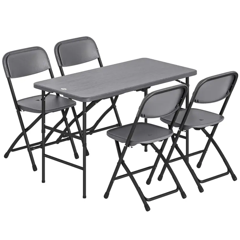 Outsunny Set Masă și Scaune Pliabile de Grădină, 5 Piese, Masă Reglabilă cu Blat HDPE Efect Lemn și 4 Scaune, Set Mobilier Exterior pentru Terasă și Balcon, Gri Închis Bestseller