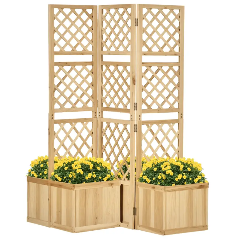 Expediere rapidă Outsunny Paravan pentru Grădină, triplu pliabil, 4 ghivece de flori, lemn masiv, culoare naturală, 133 x 62 x 165 cm