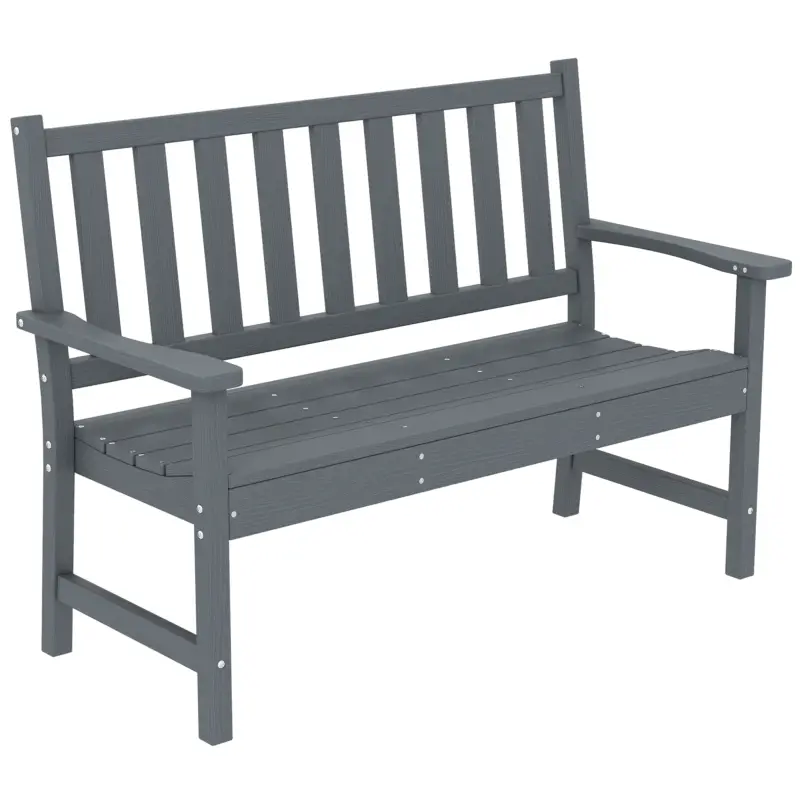 Comandă acum Outsunny Bancă de grădină 2 locuri rezistentă la intemperii din plastic Bancă exterior cu design cu lamele aspect lemn Spătar Gri