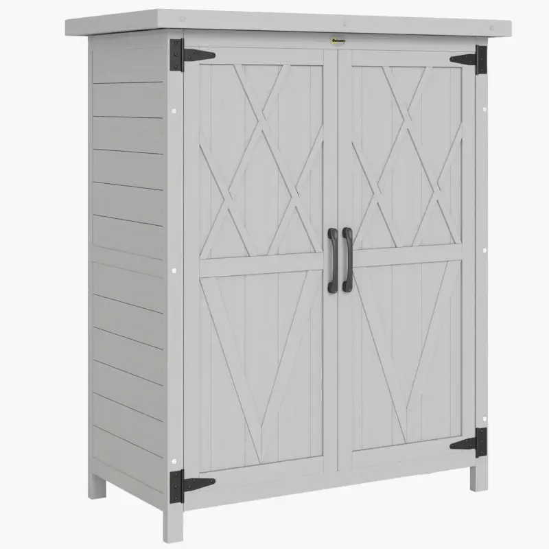 Preț mic Outsunny Adăpost de grădină dulap 3 rafturi 2 uși acoperiș din tablă galvanizată etanș lemn masiv 75 x 40 x 90 cm gri