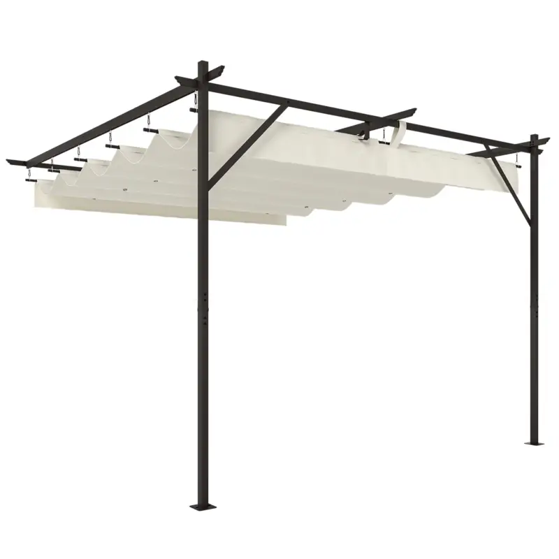 Livrare rapidă Outsunny Pergolă Adosată 3x3 m cu Acoperiș Retractabil, Orificii de Drenaj, Pergolă de Grădină din Poliester și Oțel, pentru Terasă, Exterior, UV30+, Alb Crem