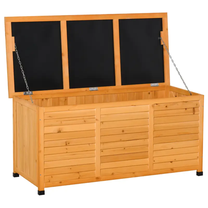 Reducere extra Outsunny Ladă de Depozitare pentru Exterior din Lemn de Brad Impermeabil cu Bază Înălțată, 127x56x60 cm, Galben Închis