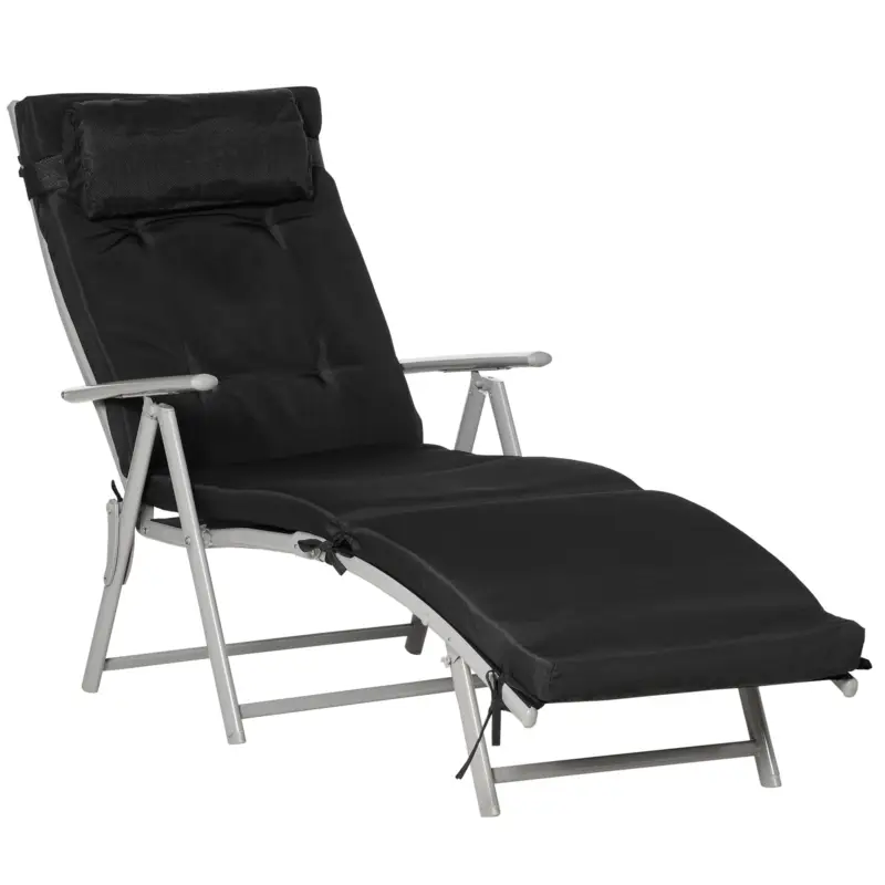 Cumpărături sigure Outsunny Șezlong pliabil 7 poziții, șezlong înclinabil, confort sporit cu saltea + cotiere, metal epoxidic, textilenă, poliester Negru