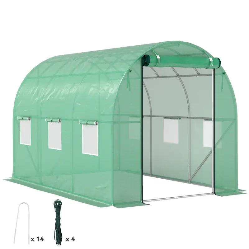 Outsunny Sera tunel de grădină 3 x 2 x 2 m cu ușă înrolabilă și ferestre mari, din oțel galvanizat și PE, verde Super ofertă