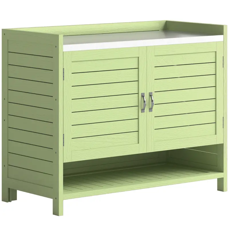 Ofertă Outsunny Masă de plantat cu dulap inferior din lemn - dulap de grădină pentru exterior cu blat galvanizat, 3 rafturi, 88x40x70,5 cm, Verde