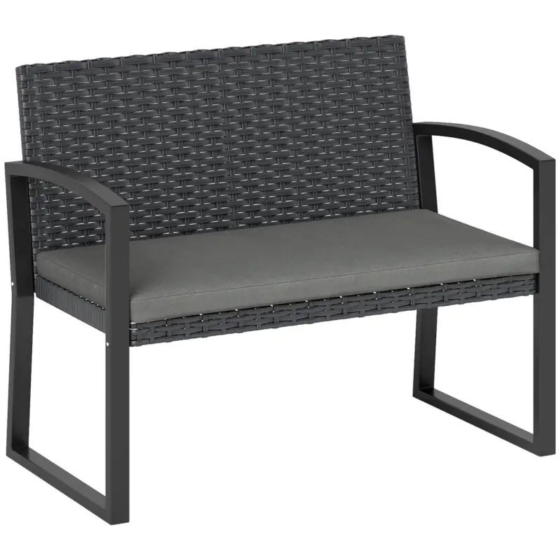 Ofertă Outsunny Banc de grădină 2 locuri, banc de exterior din resină împletită PE cu pernă, oțel galvanizat, 103x58x78cm, gri și negru