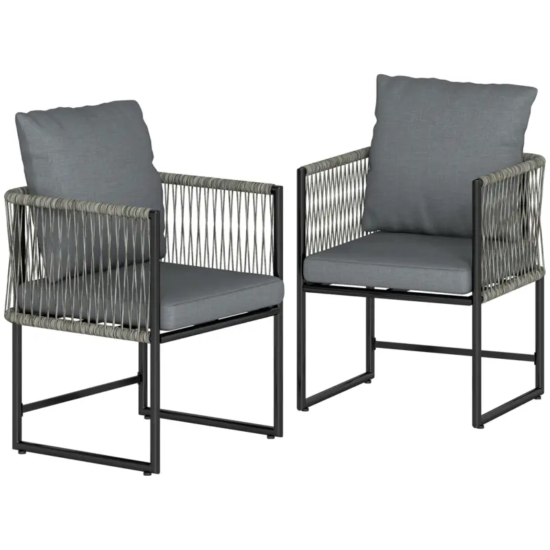 Reducere extra Outsunny Set 2 scaune de grădină rezistente la intemperii din oțel și PE-Rattan cu pernă cotieră spătar 52x52x66 cm Gri închis