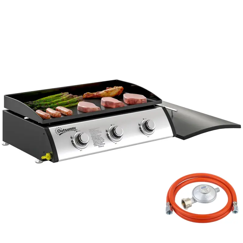 Outsunny Plită pe Gaz din Oțel Emailat cu 3 Arzătoare, Putere 7.5kW, 3 Zone de Gătit și Capac, Negru Promoție