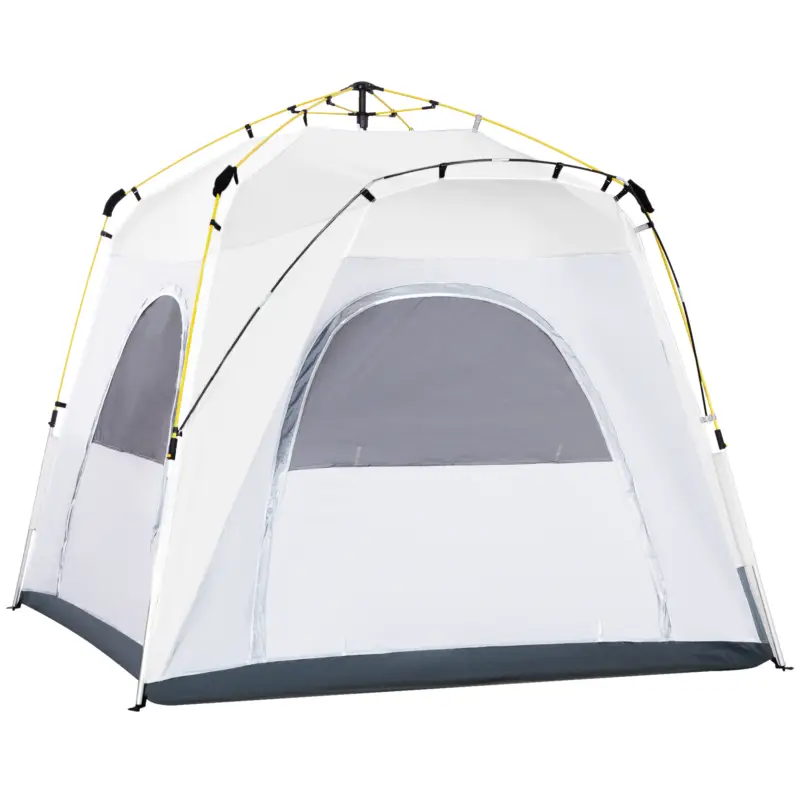Disponibil imediat Outsunny Cort de camping, cort pop up în formă de dom pentru 4 persoane, cu 4 uși 4 ferestre geantă de transport inclusă pentru camping trekking alb gri