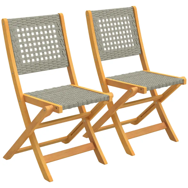 Expediere rapidă Outsunny Set de 2 Scaune de Grădină din Ratan PE, Scaune Pliabile de Exterior, Structură din Lemn de Salcâm, pentru Balcon, Terasă, Suport până la 160 kg, Gri