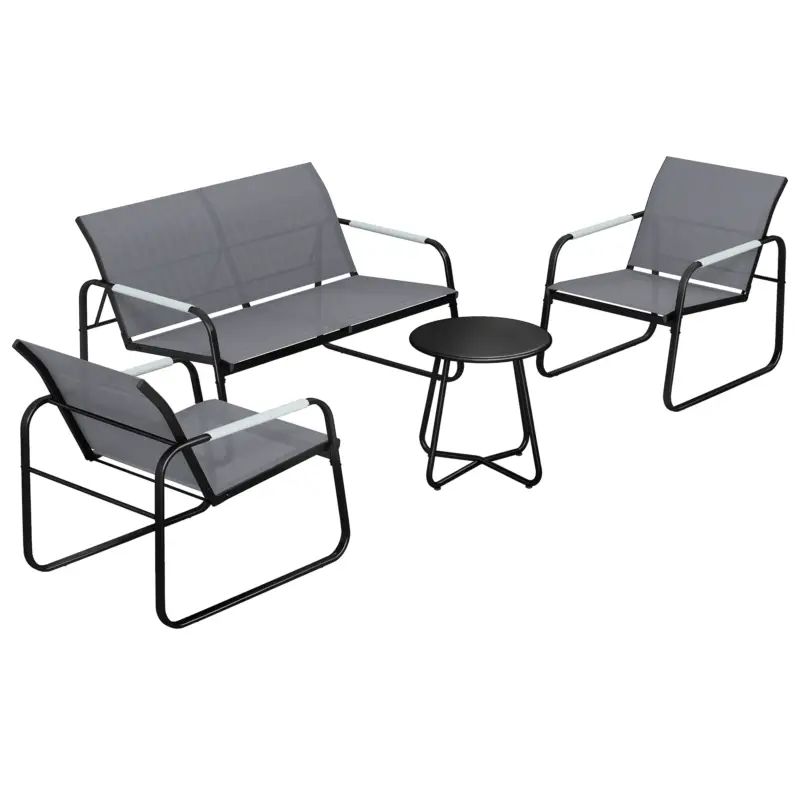 Calitate înaltă Outsunny Set mobilier grădină pentru 4 persoane, lounge respirant cu canapea 2 locuri, 2 fotolii, design tip sfoară, masă rotundă, picioare reglabile