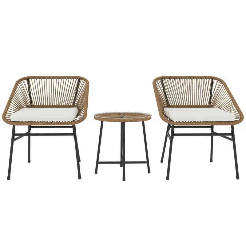 Promoție Outsunny Set Bistro din 3 Piese cu Măsuță de Cafea cu Blat de Sticlă și 2 Scaune, Φ45x46 cm, Natural