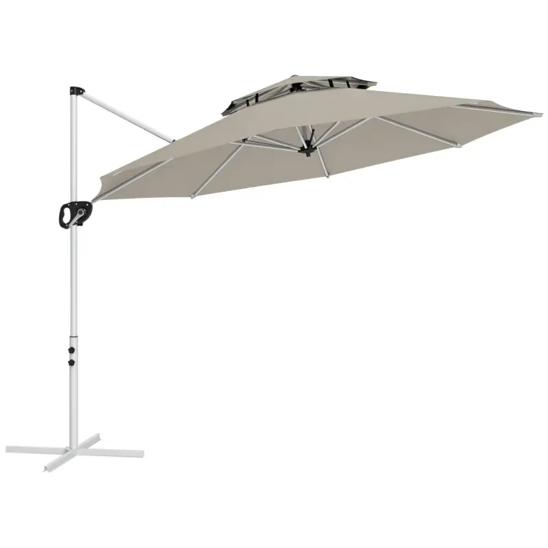 Outsunny Umbrelă suspendată rotundă 3 x 2,5 m cu manivelă, bază în formă de cruce, inclinabilă și rotativă la 360°, dublu acoperiș, gri Transport gratuit