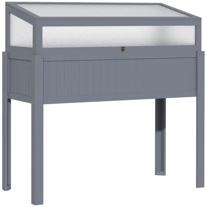 Outsunny Pat inalt din lemn cu sera 2 in 1, Gradina de roșii, Grădină de legume, Pat de plante aromatice, Parcare pentru grădină și terasă din policarbonat, Gri 120 x 54 x 112/122 cm Premium