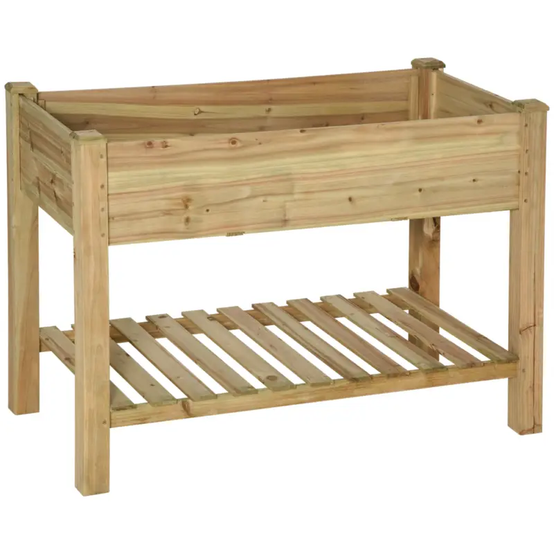 Preț redus Outsunny Ghiveci înălțat cu etajeră de depozitare din lemn, pătrat de grădină pe picioare ridicat, 113 x 56 x 84 cm, verde