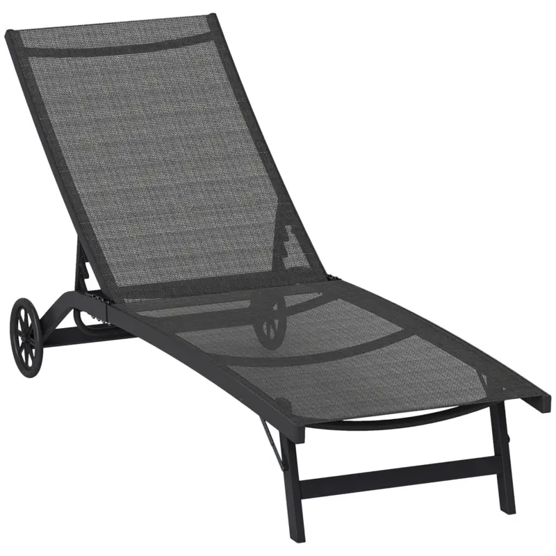 Preț promoțional Outsunny Șezlong, spătar reglabil în 5 trepte, material respirabil, cadru din aluminiu, Negru, 195 x 66 x 34 cm