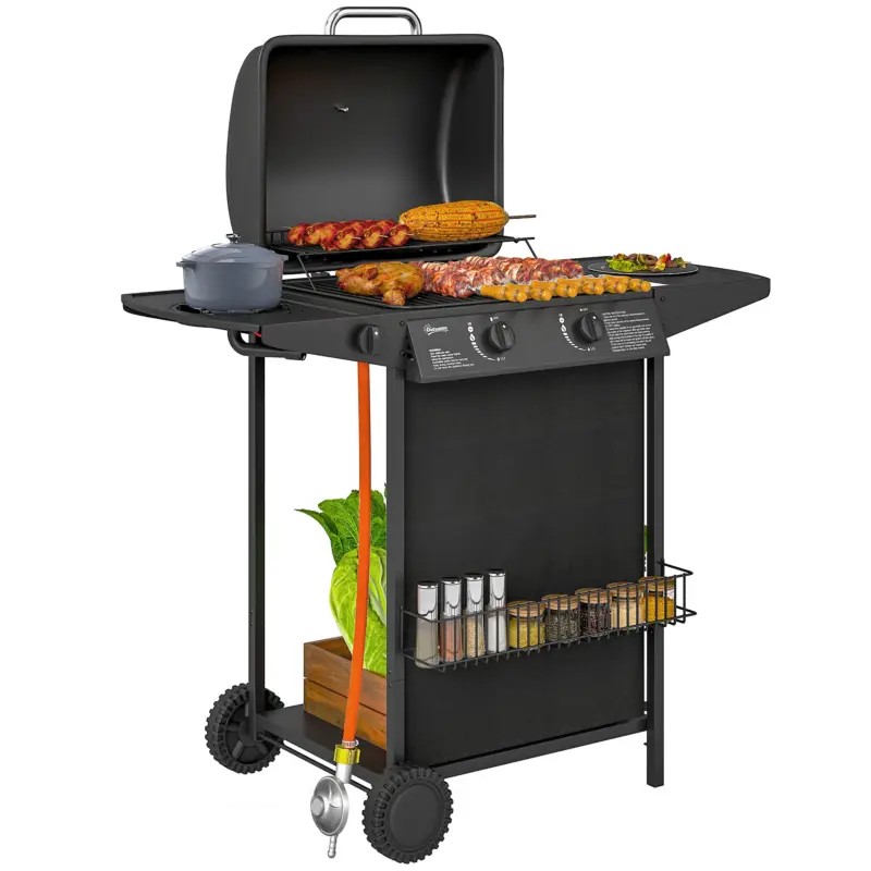 Outsunny Grătar pe Gaz cu Capac, Termometru, Măsuță Laterală și Tavă pentru Colectarea Grăsimii, 107x54x96 cm, Negru Cumpărături sigure