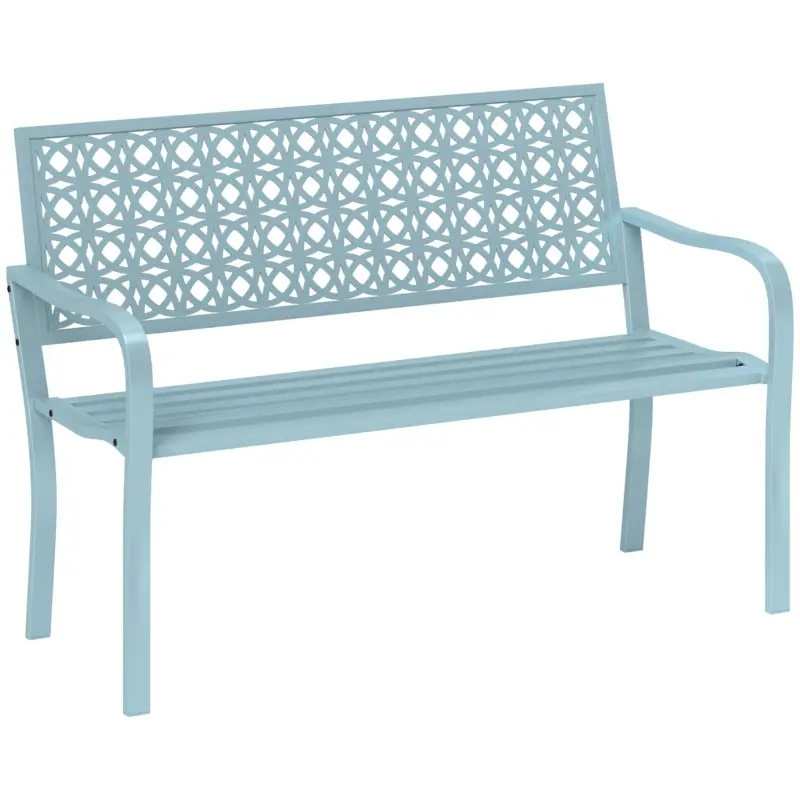 Doar azi Outsunny Bancă exterioară, bancă de grădină din oțel, spătar decupat, cotiere, pentru 2 persoane, Albastru