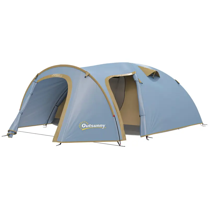 Outsunny Cort de camping pentru 4 persoane, cort tunel impermeabil cu 2 uși, cârlig, geantă de transport 3,45 x 2,4 x 1,3 m albastru deschis Mai ieftin