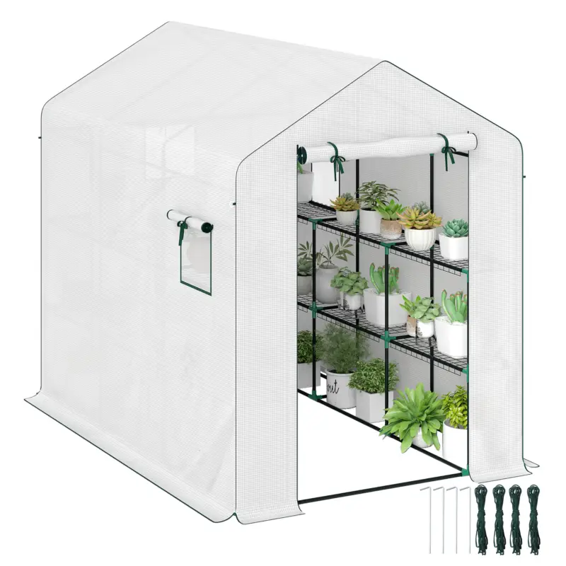 Retur ușor Outsunny Sera de grădină 3 m² cu rafturi 3 niveluri, PE renforcée 135 g/m² anti-UV, ușă rulabilă și ferestre din plasă