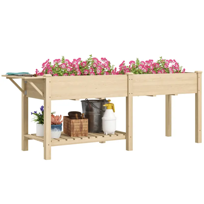 Outsunny Jardinieră Ridicată cu Măsuță Laterală și Raft pentru Unelte Inferior, din Lemn de Molid, 207x59x78 cm Nu rata