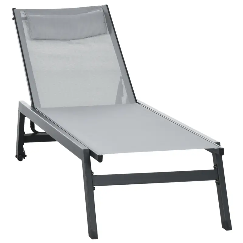 Outsunny Șezlong de soare din aluminiu și textilenă cu roți și pernă pentru cap, spătar reglabil gri deschis Discount