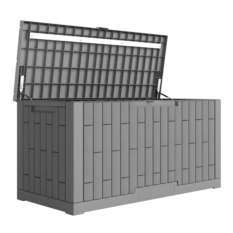 Ofertă limitată Outsunny Cutie de grădină 379 L Impermeabilă Încuiabilă Rezistentă la UV Cutie pentru perne cu aspect de lemn pentru grădină 122,5x56x62cm Gri