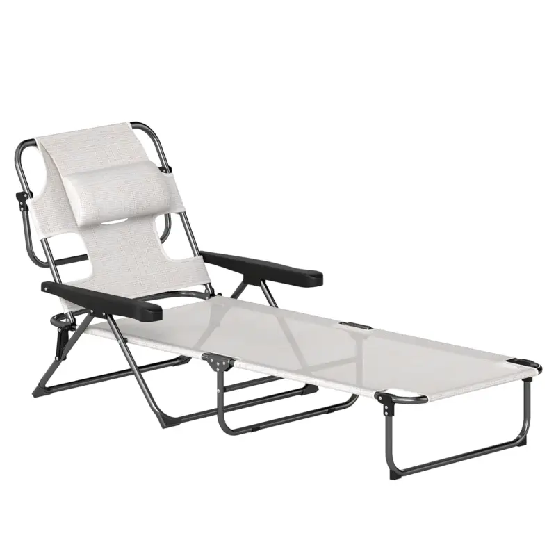 Outsunny Șezlong de grădină pliabil, spătar reglabil pe 4 niveluri, orificiu pentru lectură și suport pentru cap 72 x 194 x 89 cm crem Retur ușor